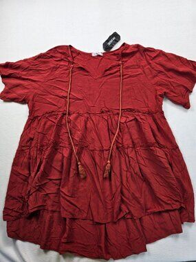 NEW Aimage XL Peasant Tunic Dress Swim Cover Up Rust Red Boho Tassel Ties